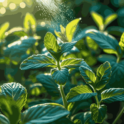 Pruning mint leaves with scissors on a kitchen counter