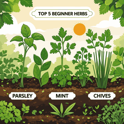 Popular indoor herbs like basil, mint, and parsley in small pots