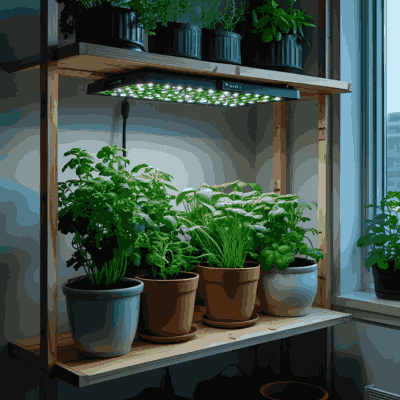 LED grow lights placed over indoor herb garden shelf