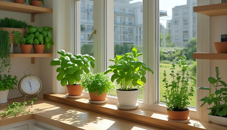 Indoor micro-herb garden with basil, mint, and thyme on a sunny windowsill