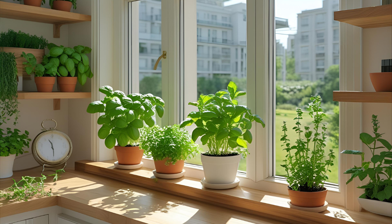 Indoor micro-herb garden with basil, mint, and thyme on a sunny windowsill