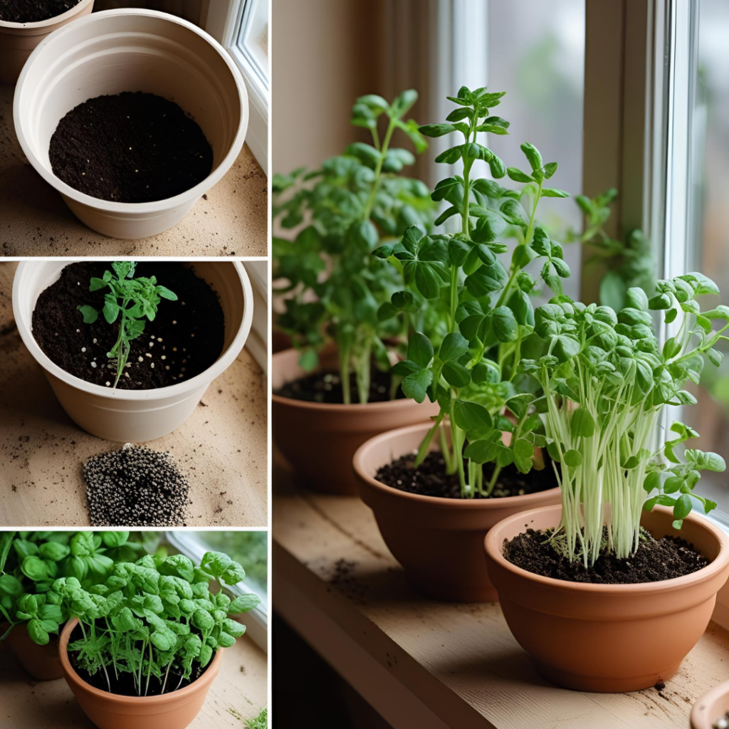 Steps to start an indoor herb garden: filling pots, planting seeds, and growing herbs in windowsill

