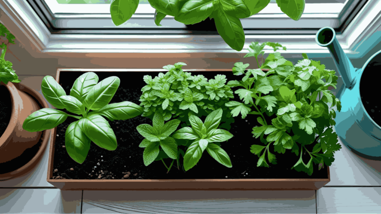 Indoor micro-herb garden on a windowsill with basil, mint, and parsley.