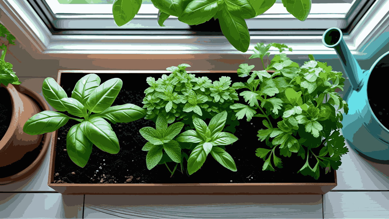 Indoor micro-herb garden on a windowsill with basil, mint, and parsley.