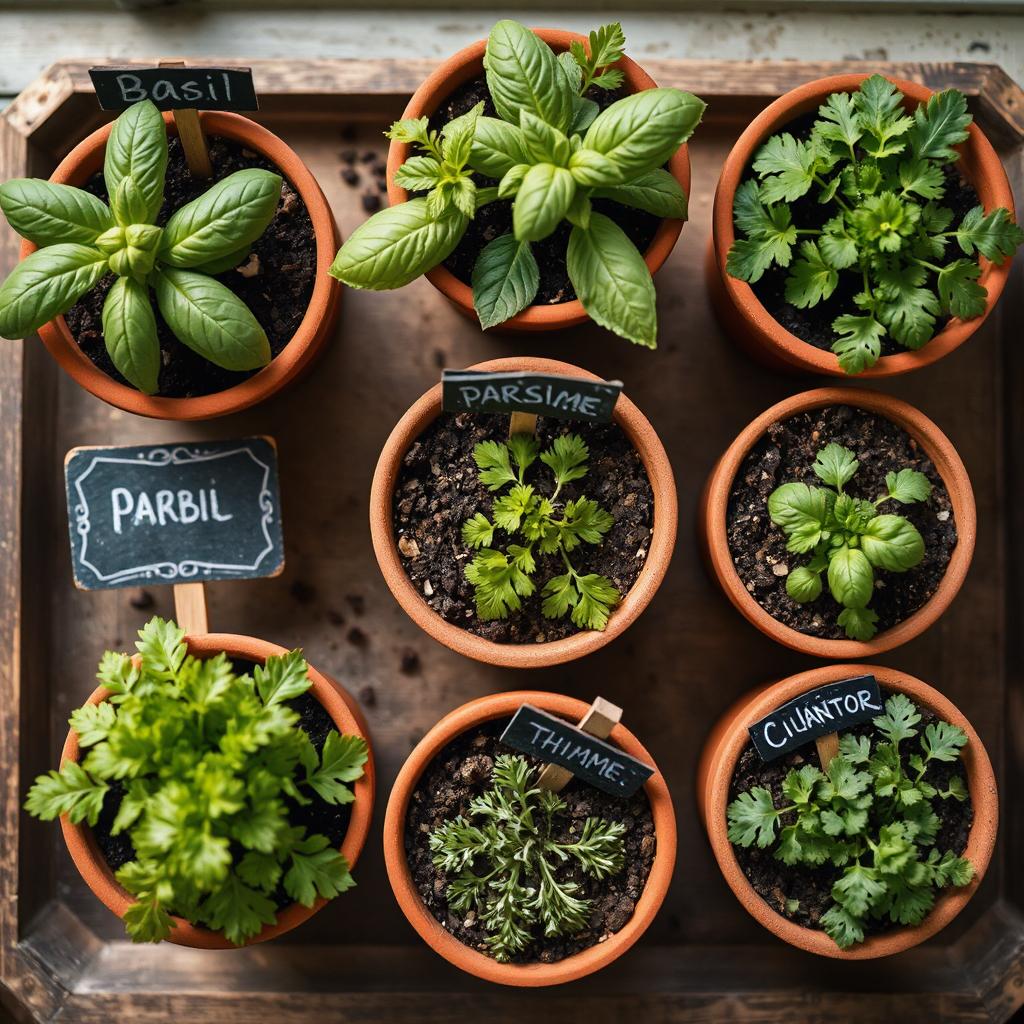 Top view of labeled herb pots including basil, thyme, and cilantro in an indoor setting
