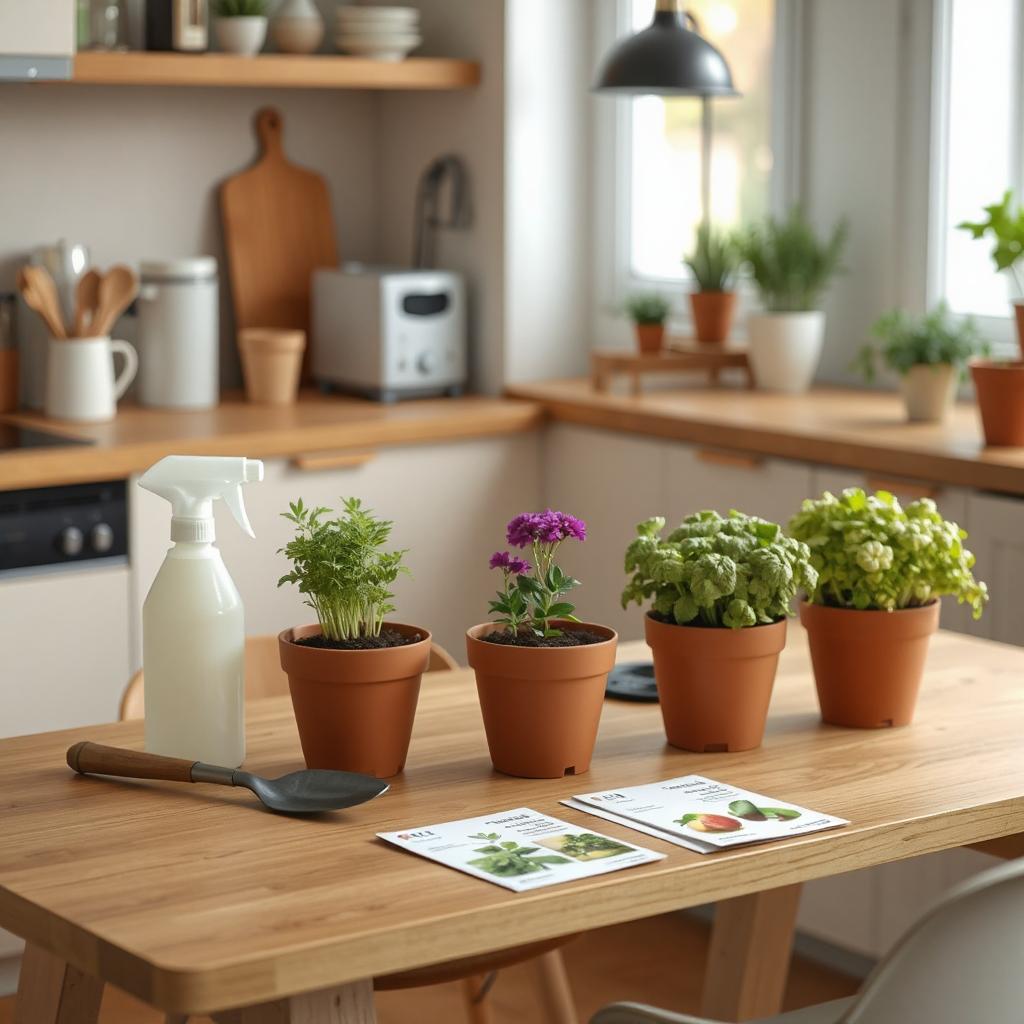 Indoor herb gardening tools and supplies like pots, soil, grow lights, and seeds