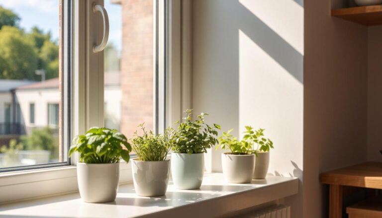 Indoor herb garden in apartment kitchen with potted basil, mint, and parsley on a sunny windowsill