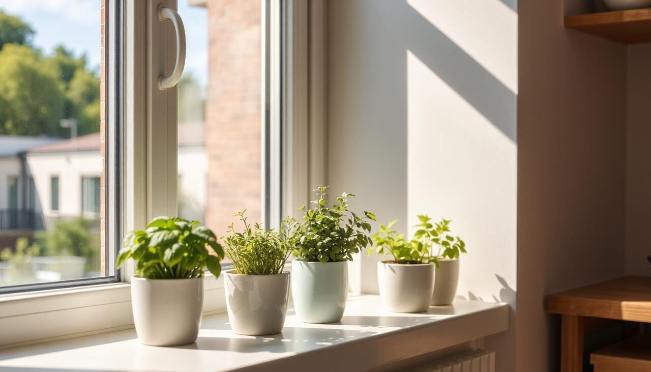 Indoor herb garden in apartment kitchen with potted basil, mint, and parsley on a sunny windowsill