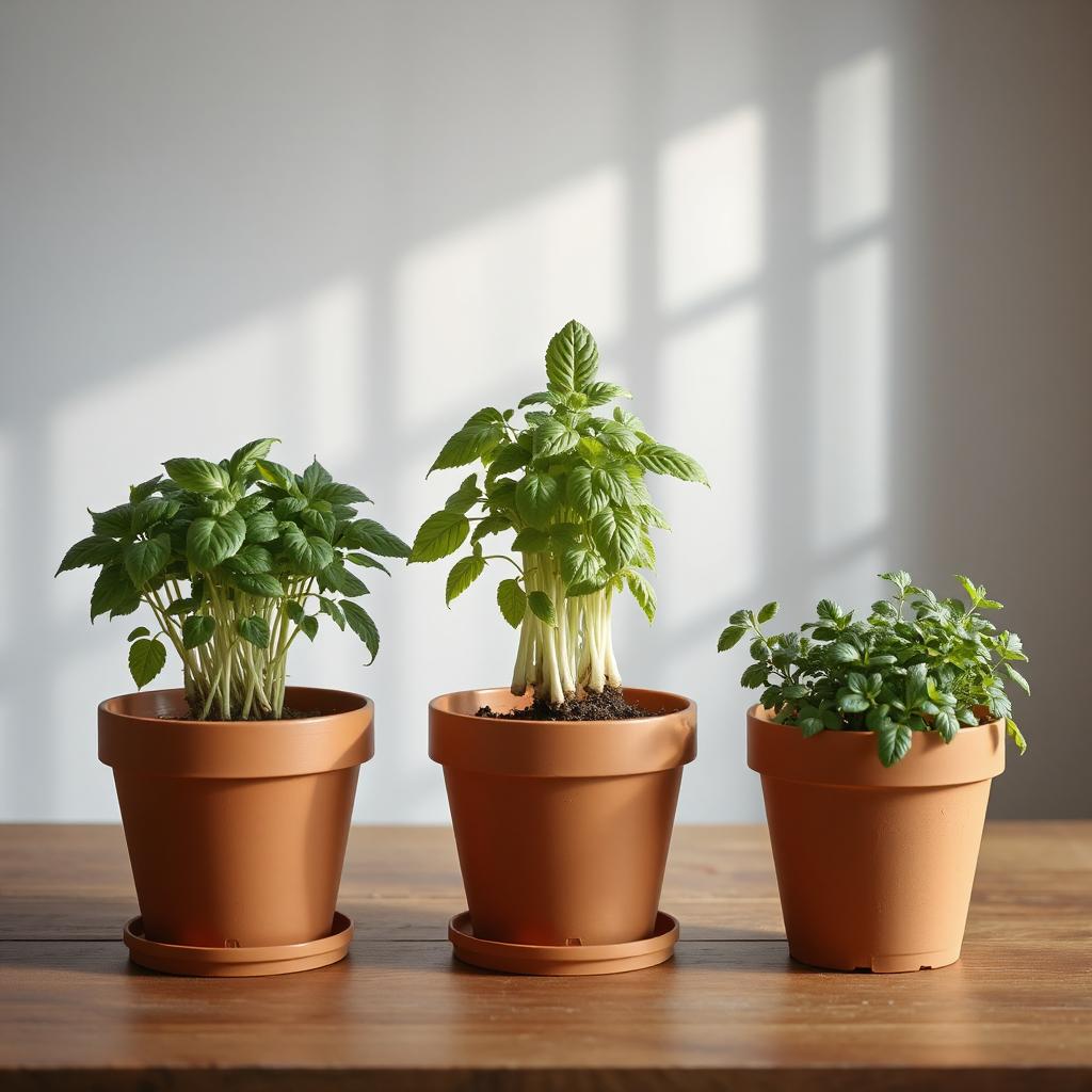 Comparison of healthy and unhealthy herb pots showing common indoor gardening mistakes