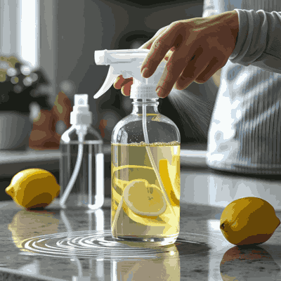 Spraying DIY All-Purpose Natural Cleaner on Kitchen Counter

