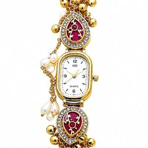 Kashmiri Designer Bracelet Watch for Women, Gold Plated Adjustable Chain, Quartz Analog, Traditional Jewellery Style with Ghungroo Bells